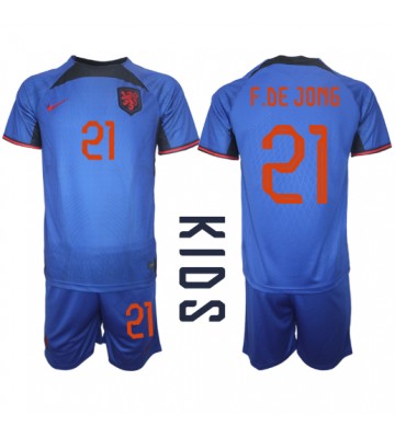 Lacne Dětský Futbalové dres Holandsko Frenkie de Jong #21 MS 2022 Krátky Rukáv - Preč (+ trenírky)